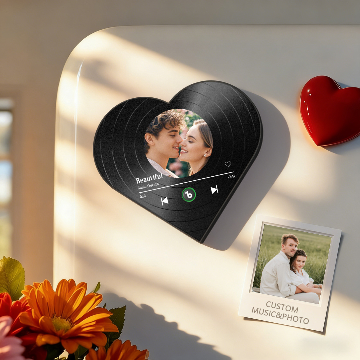 Personalisierter Herzförmiger Kühlschrankmagnet Im Vinyl-schallplatten-stil Mit Musikfoto – Romantisches Geschenk Für Paare Zum Valentinstag - dephotoblanket