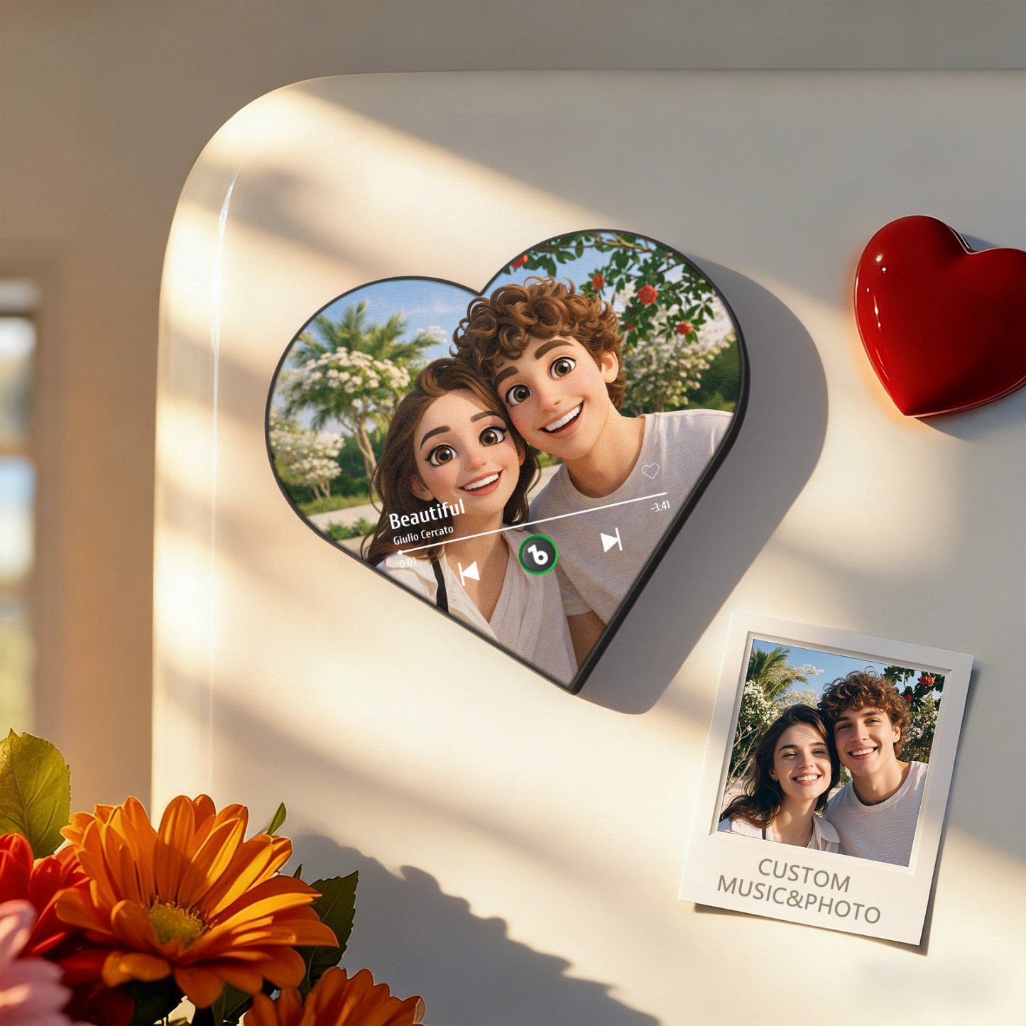Personalisierter, Herzförmiger Kühlschrankmagnet Im Cartoon-stil Mit Foto Und Musik – Romantisches Geschenk Für Paare Zum Valentinstag - dephotoblanket