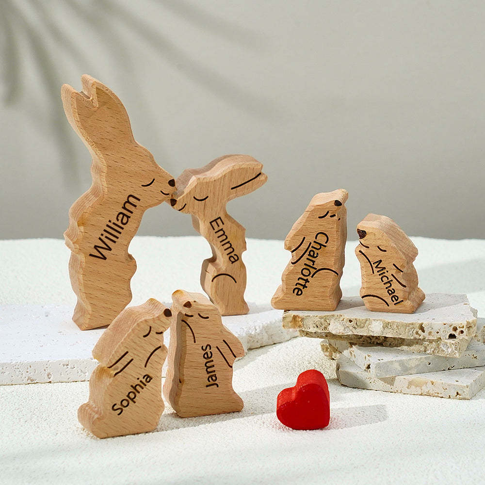 Hölzernes Kaninchen-familienpuzzle Mit Individuellen Namen, Einweihungsgeschenke, Heimdekoration - dephotoblanket