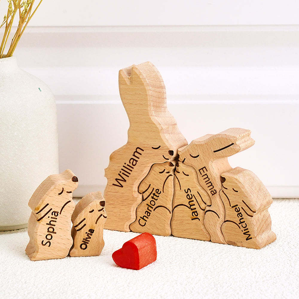 Hölzernes Kaninchen-familienpuzzle Mit Individuellen Namen, Einweihungsgeschenke, Heimdekoration - dephotoblanket