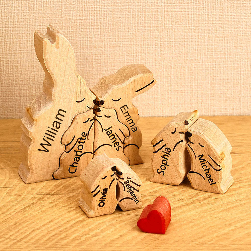 Hölzernes Kaninchen-familienpuzzle Mit Individuellen Namen, Einweihungsgeschenke, Heimdekoration - dephotoblanket