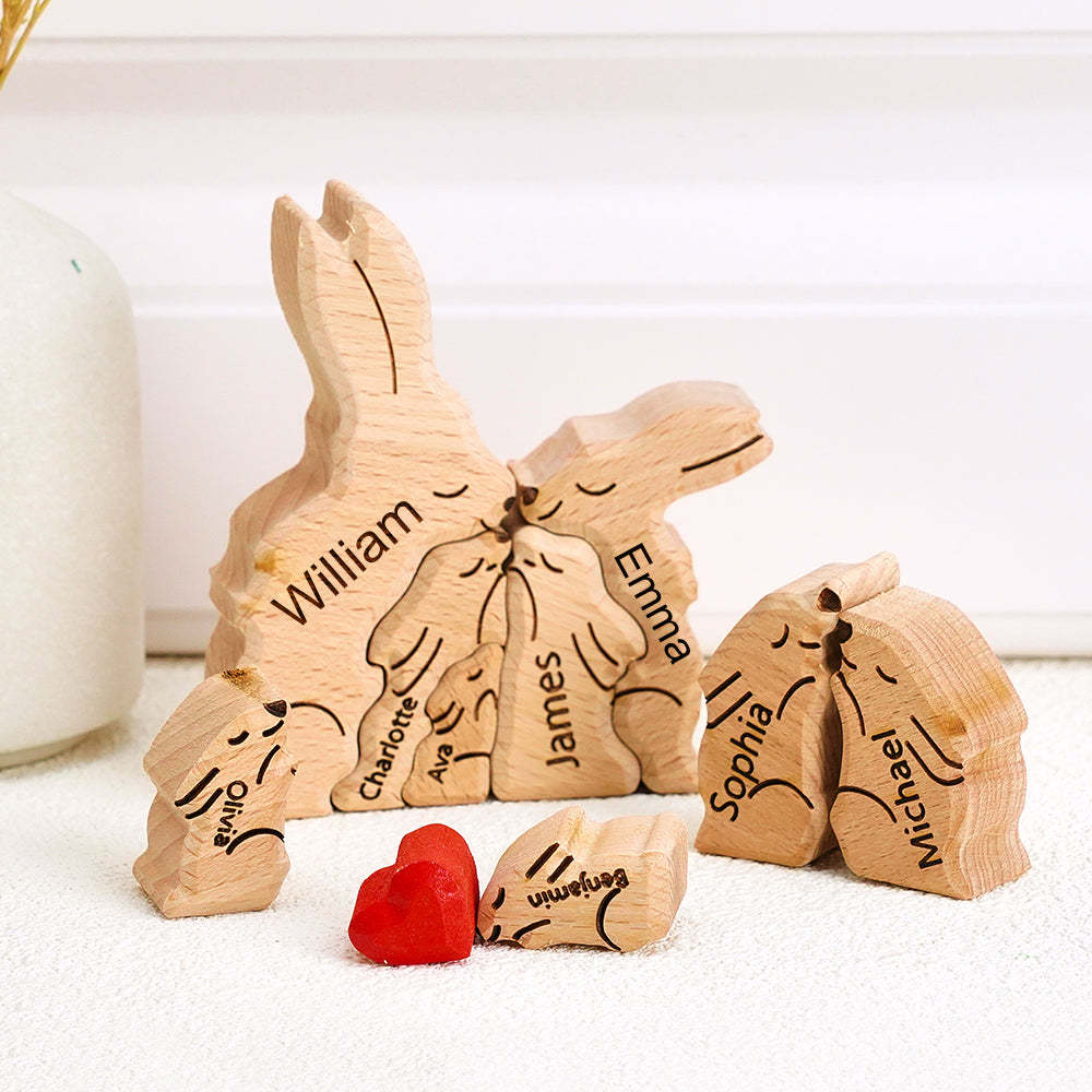 Hölzernes Kaninchen-familienpuzzle Mit Individuellen Namen, Einweihungsgeschenke, Heimdekoration - dephotoblanket
