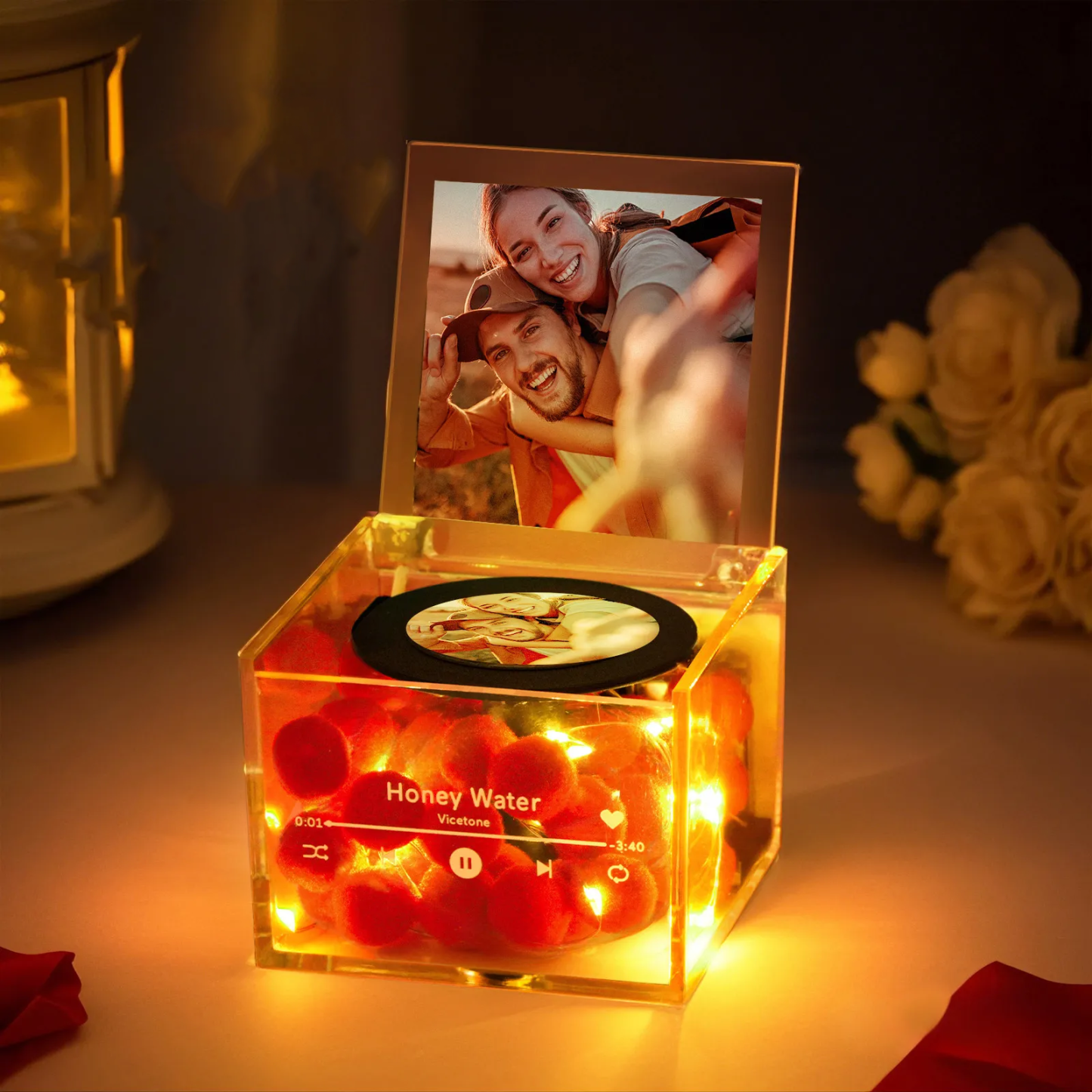 Personalisierter Mini-schallplattenspieler, Automatischer Musikplayer, Personalisiertes Fotocover Im Stil Einer Gravur, Jubiläumsgeschenk Für Paare - dephotoblanket