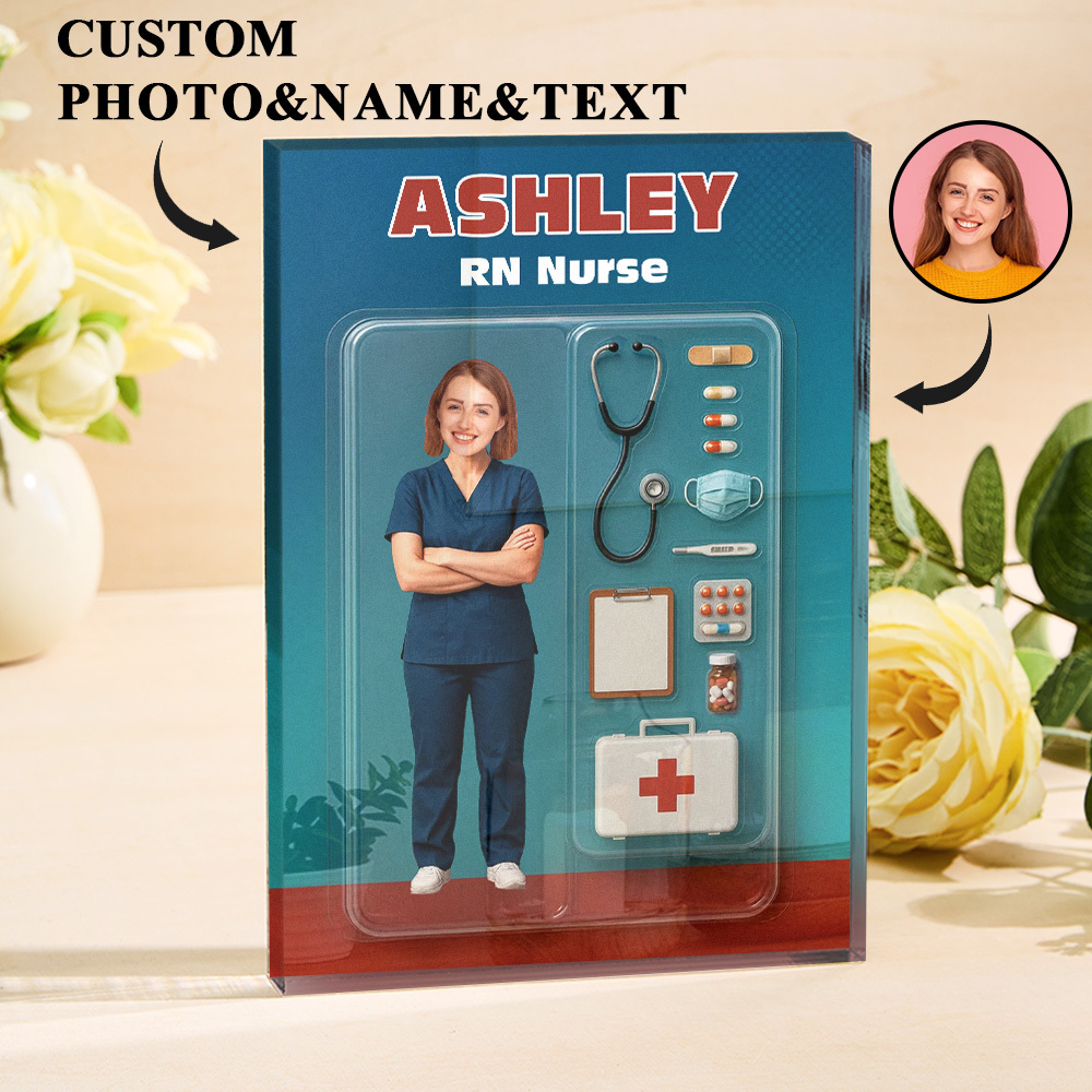 Personalisierte Krankenschwester-actionfigur Mit 3d-effekt, Anpassbare Kopfverpackung, Individuelle Acrylblock-plakette, Geschenk Für Krankenschwester - dephotoblanket