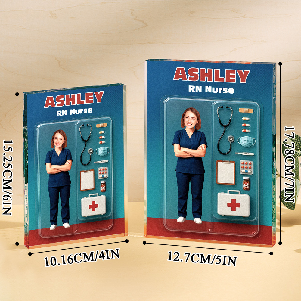 Personalisierte Krankenschwester-actionfigur Mit 3d-effekt, Anpassbare Kopfverpackung, Individuelle Acrylblock-plakette, Geschenk Für Krankenschwester - dephotoblanket