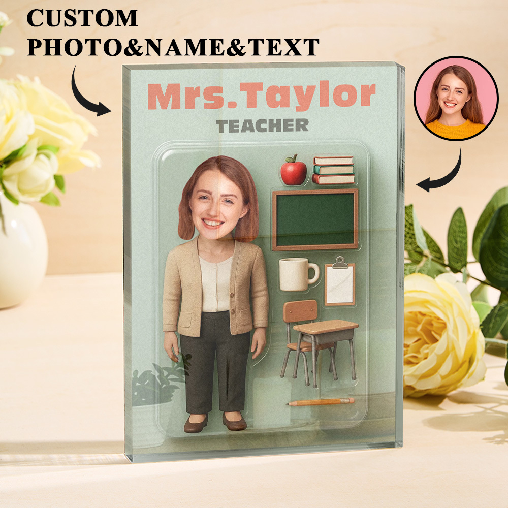 Personalisierte 3d-effekt-lehrer-actionfigur, Anpassbare Kopfverpackung, Individuelle Acrylblock-plakette, Geschenk Für Lehrer - dephotoblanket