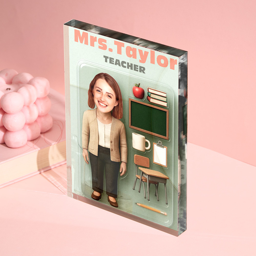 Personalisierte 3d-effekt-lehrer-actionfigur, Anpassbare Kopfverpackung, Individuelle Acrylblock-plakette, Geschenk Für Lehrer - dephotoblanket