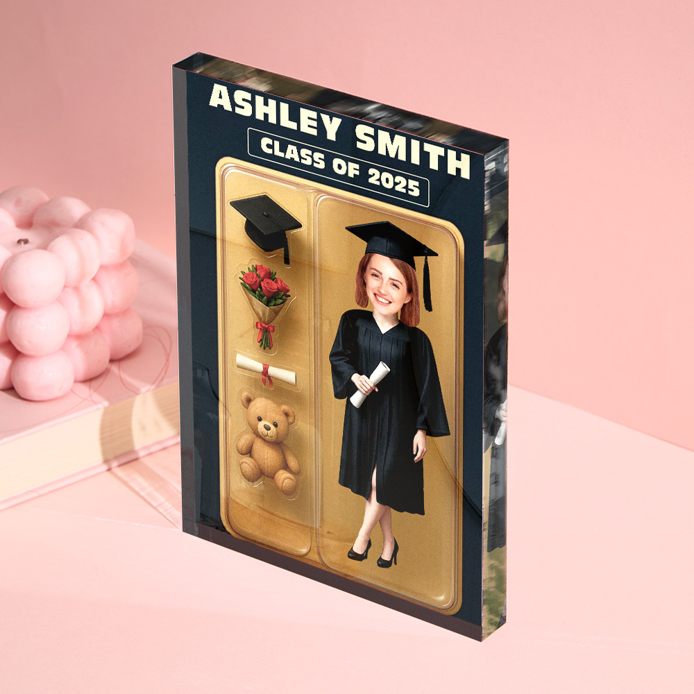 Personalisierte 3d-effekt-abitur-actionfigur, Anpassbare Kopfverpackung, Individuelle Acrylblock-plakette, Geschenk Zum Abschluss - dephotoblanket