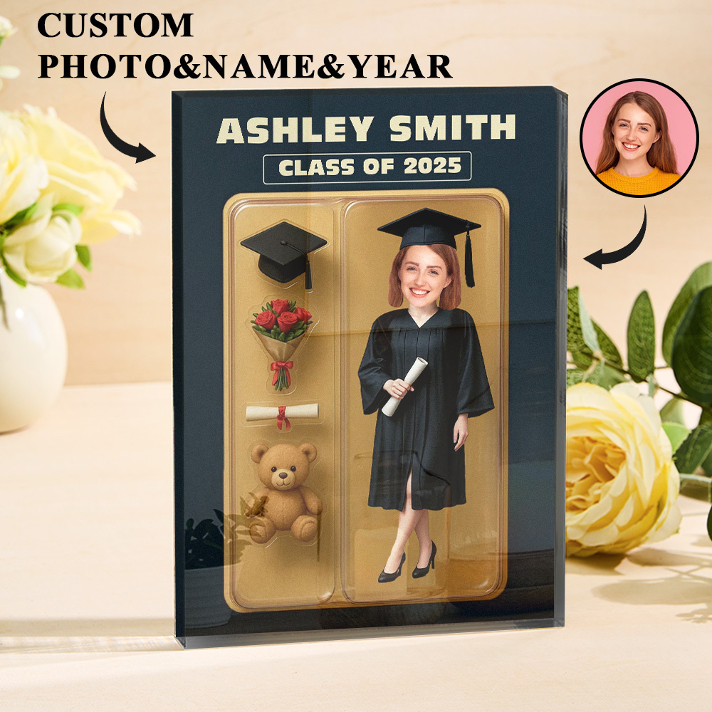 Personalisierte 3d-effekt-abitur-actionfigur, Anpassbare Kopfverpackung, Individuelle Acrylblock-plakette, Geschenk Zum Abschluss - dephotoblanket