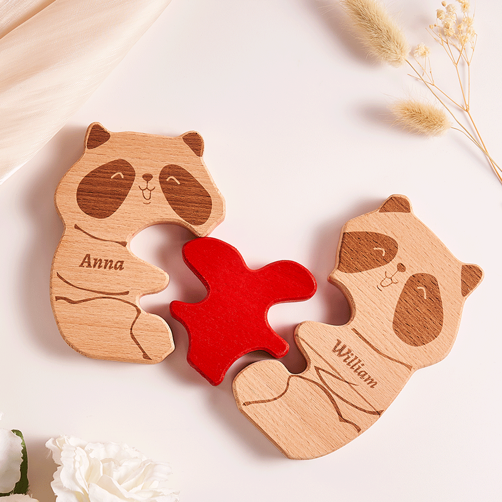 Benutzerdefinierte Name Holz Panda Paar Herz Blöcke Valentinstag Geschenke - dephotoblanket