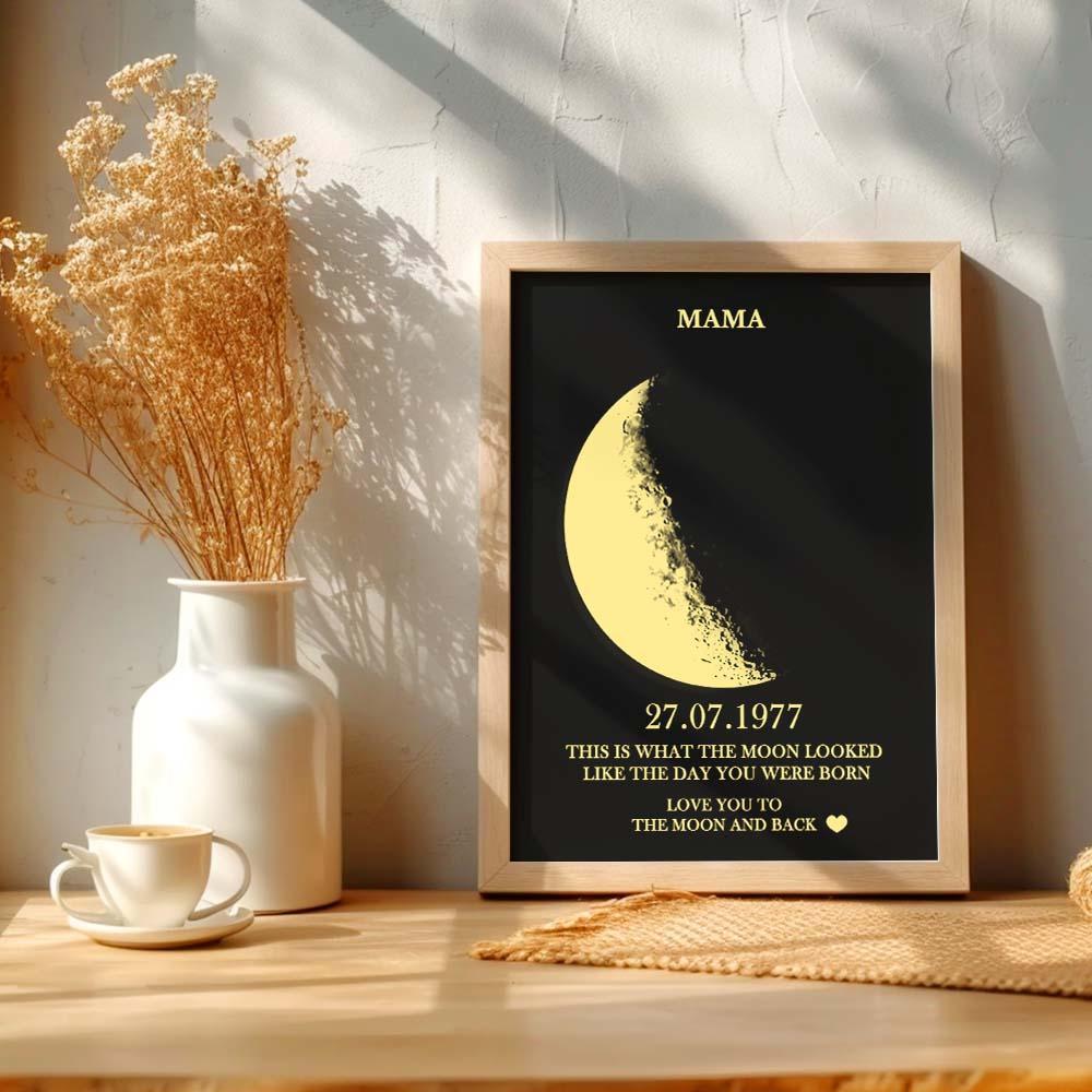 Benutzerdefinierte Mondphase Und Namen, Holzrahmen Mit Ihrem Text, Individueller Kunstrahmen Mit Geburtsdatum, Bestes Geschenk Zum Muttertag - dephotoblanket