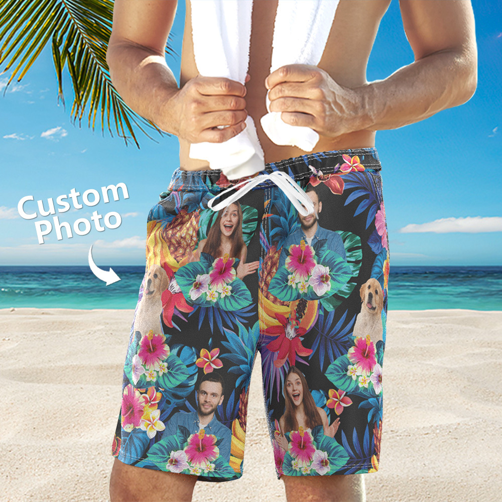 Benutzerdefinierte Foto Lustige Familie Haustier Gesicht Schwarz Bunte Tropische Personalisierte Strandshorts - dephotoblanket