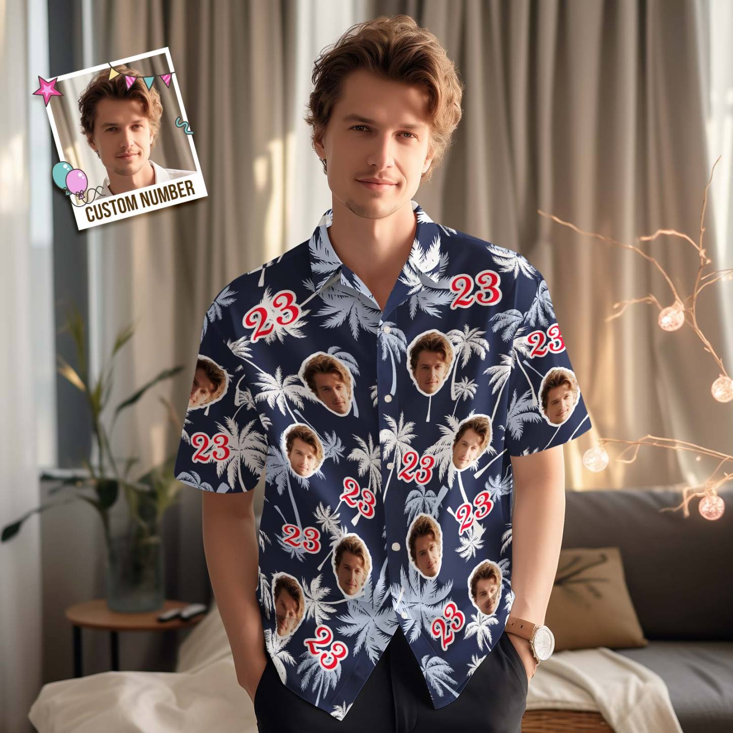 Hawaii-Hemden mit individuellem Gesicht und Zahlen zum Geburtstag, Kokosnussbaum-Shirt - dephotoblanket