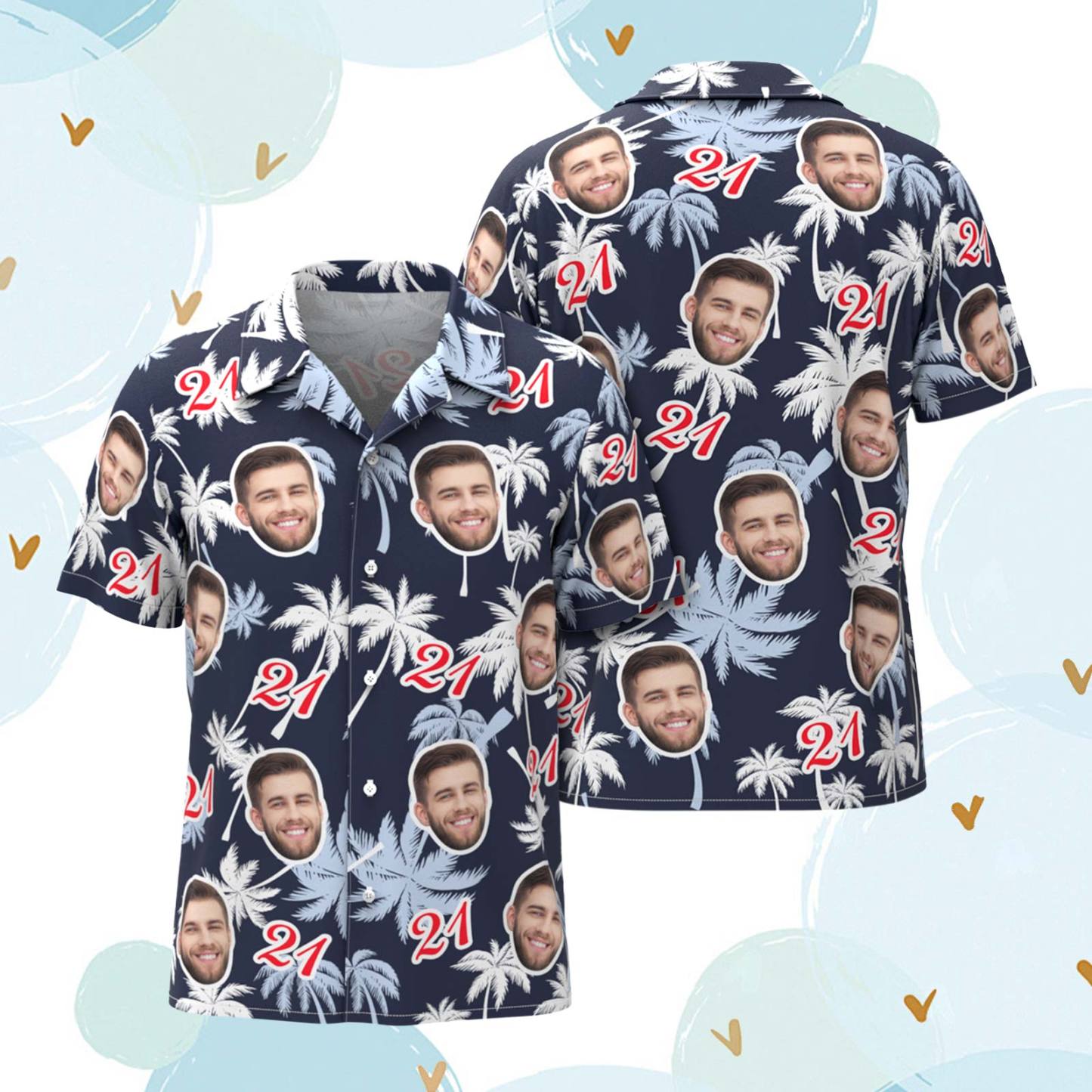 Hawaii-Hemden mit individuellem Gesicht und Zahlen zum Geburtstag, Kokosnussbaum-Shirt - dephotoblanket