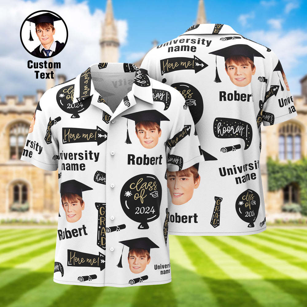 Benutzerdefiniertes Abschluss-Hawaii-Hemd mit Gesicht und Universitätsnamen, personalisierte Aloha-Hemden für Abschlussfeiern für Herren - dephotoblanket