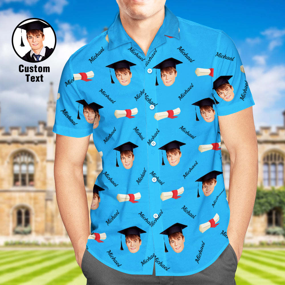 Benutzerdefiniertes Abschluss-Hawaii-Hemd mit Gesicht und Namen, personalisierte Aloha-Hemden für Abschlussfeiern für Herren - dephotoblanket