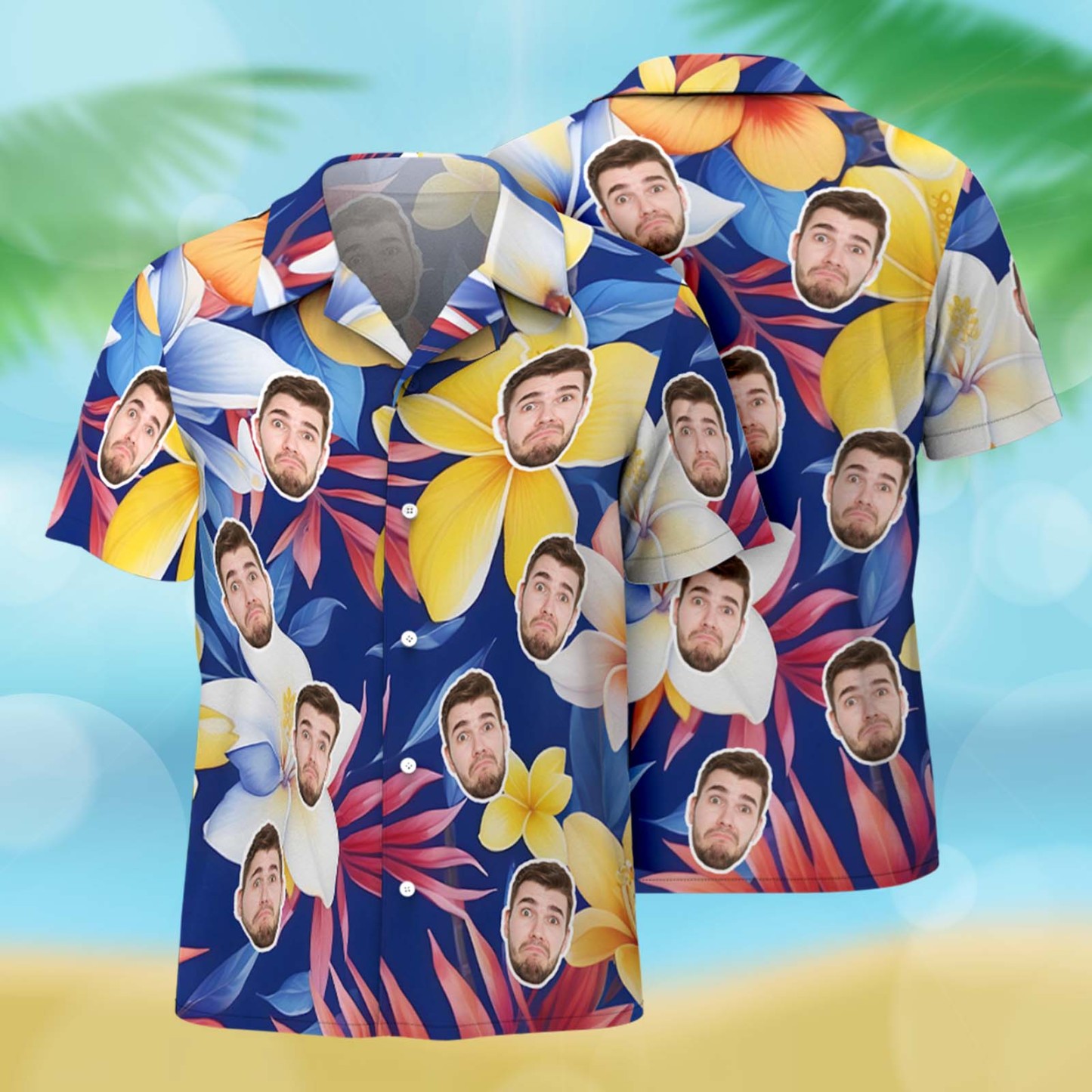 1-3 Gesichter Hawaiihemden Individuelle Button-down-hemden Mit Plumeria Tropisches Herrenhemd - dephotoblanket