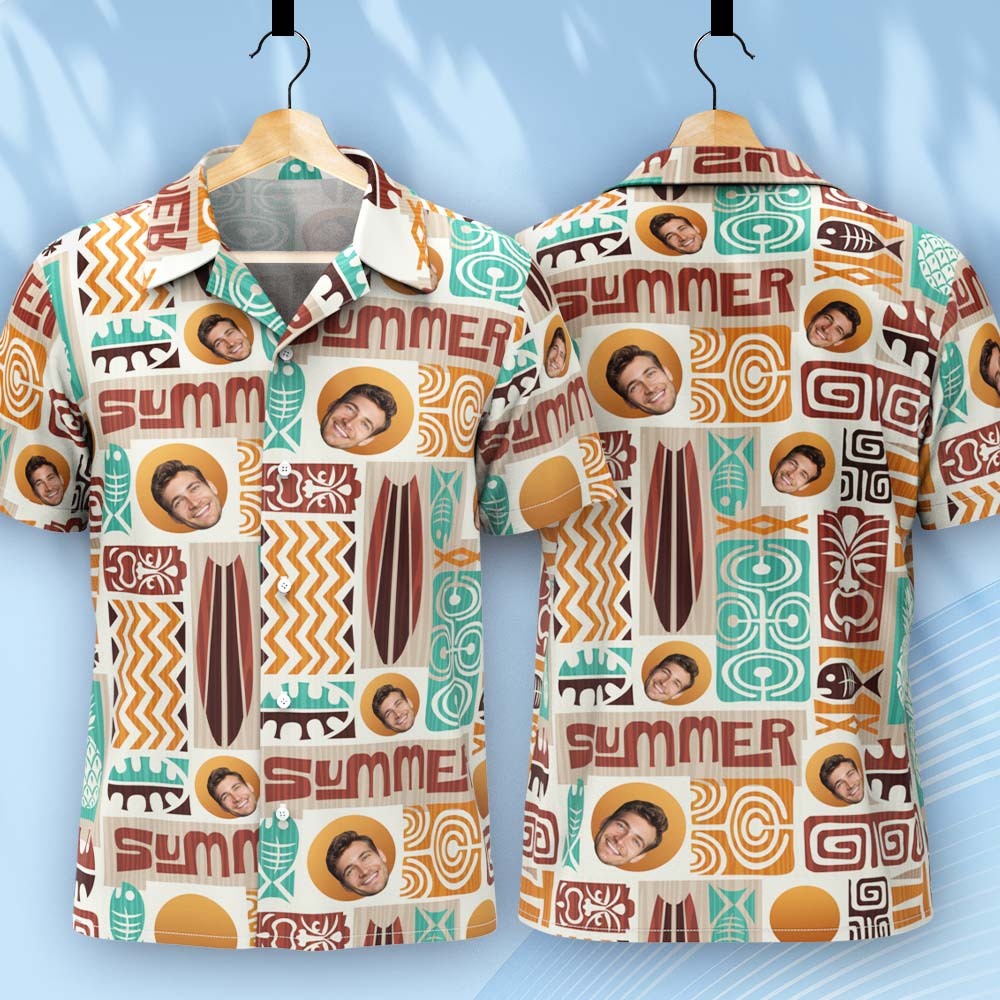 Vater-individuelles Gesicht Mit Exotischem Tiki-muster, Personalisiertes Foto-hawaii-hemd - dephotoblanket