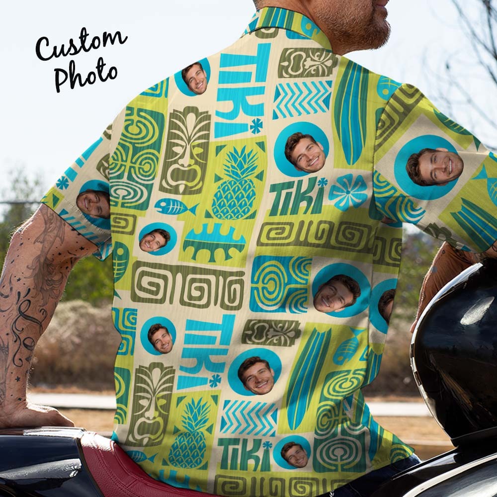 Vater-individuelles Gesicht Mit Exotischem Tiki-muster, Personalisiertes Foto-hawaii-hemd - dephotoblanket