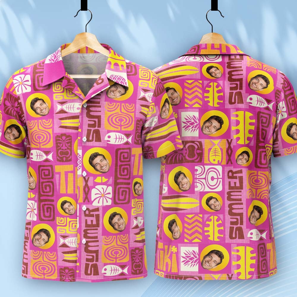 Vater-individuelles Gesicht Mit Exotischem Tiki-muster, Personalisiertes Foto-hawaii-hemd - dephotoblanket