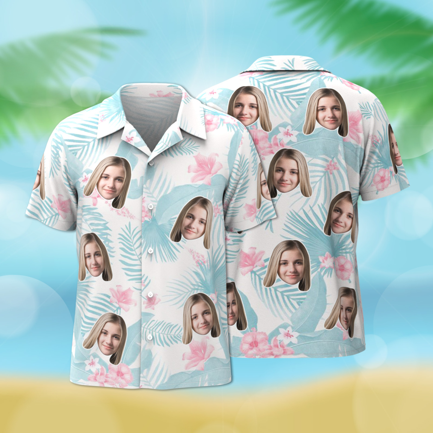 Benutzerdefiniertes Hawaii-hemd Tropisches Blumen-hawaii-hemd Mit All-over-print-gesicht, Hellblaues Blätter-hemd - dephotoblanket