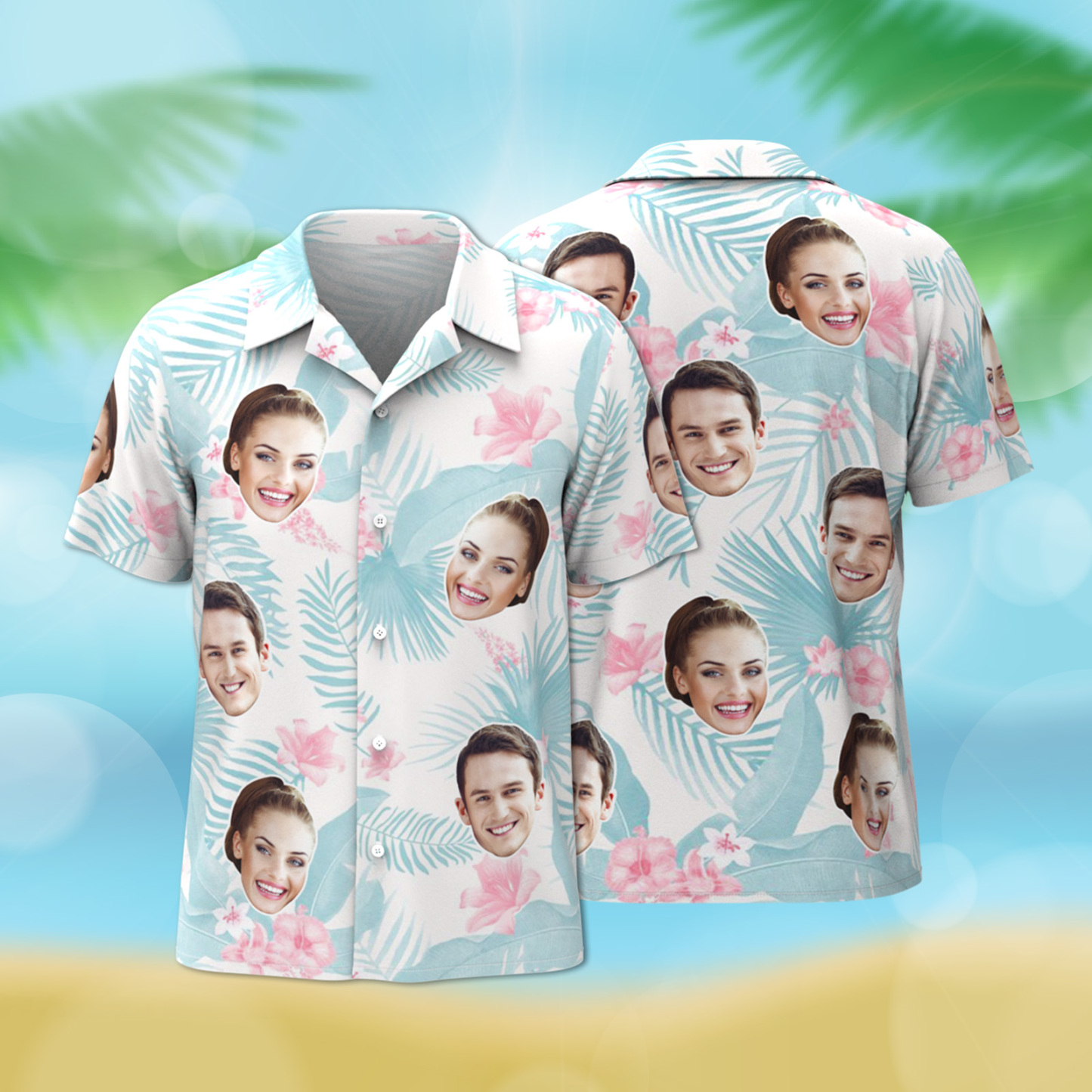 Benutzerdefiniertes Hawaii-hemd Tropisches Blumen-hawaii-hemd Mit All-over-print-gesicht, Hellblaues Blätter-hemd - dephotoblanket