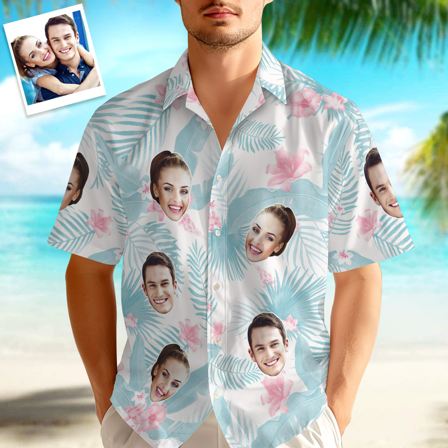 Benutzerdefiniertes Hawaii-hemd Tropisches Blumen-hawaii-hemd Mit All-over-print-gesicht, Hellblaues Blätter-hemd - dephotoblanket