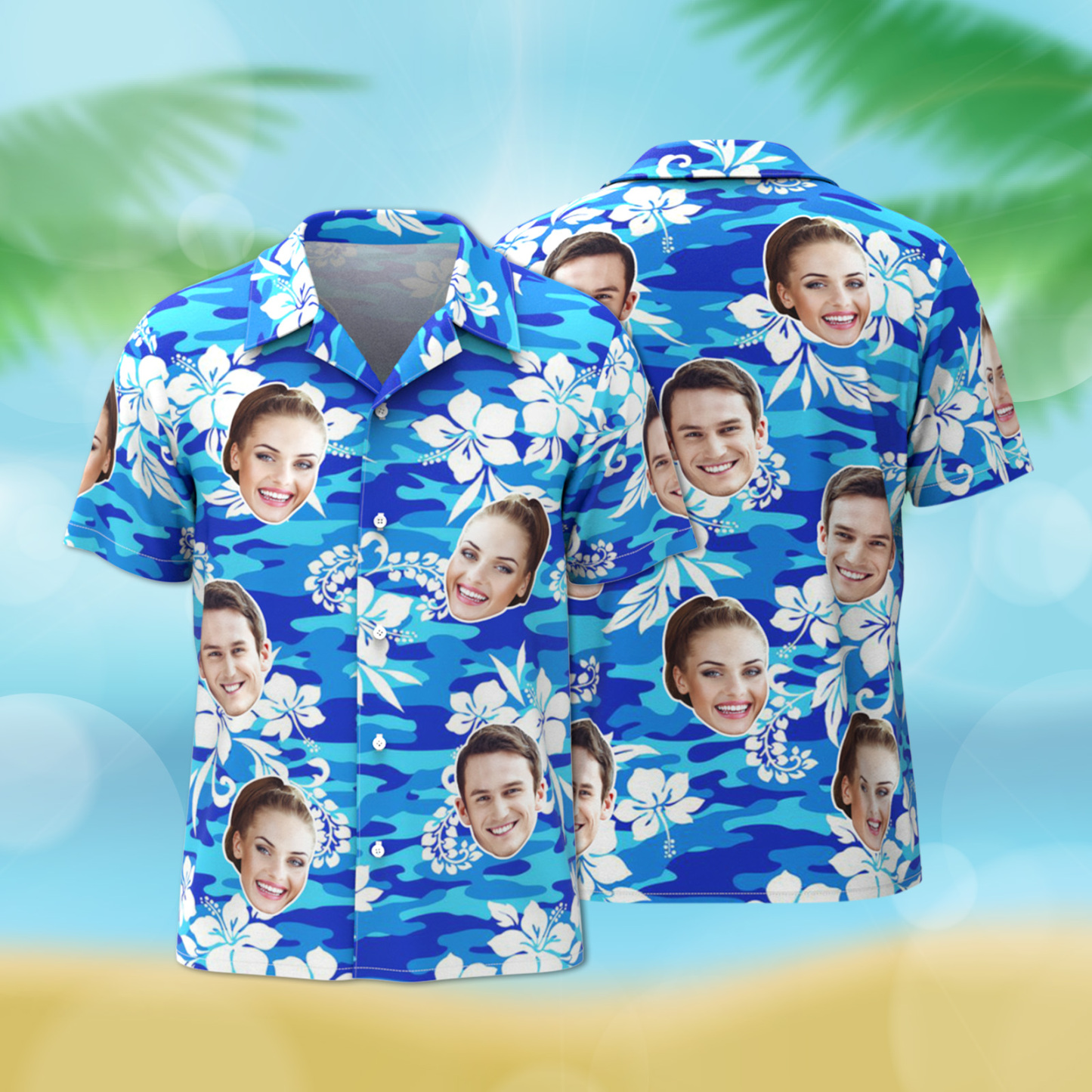 Benutzerdefiniertes Hawaii-hemd Tropisches Blumen-hawaii-hemd All Over Print-gesicht Weißes Blumen-blau-hemd - dephotoblanket