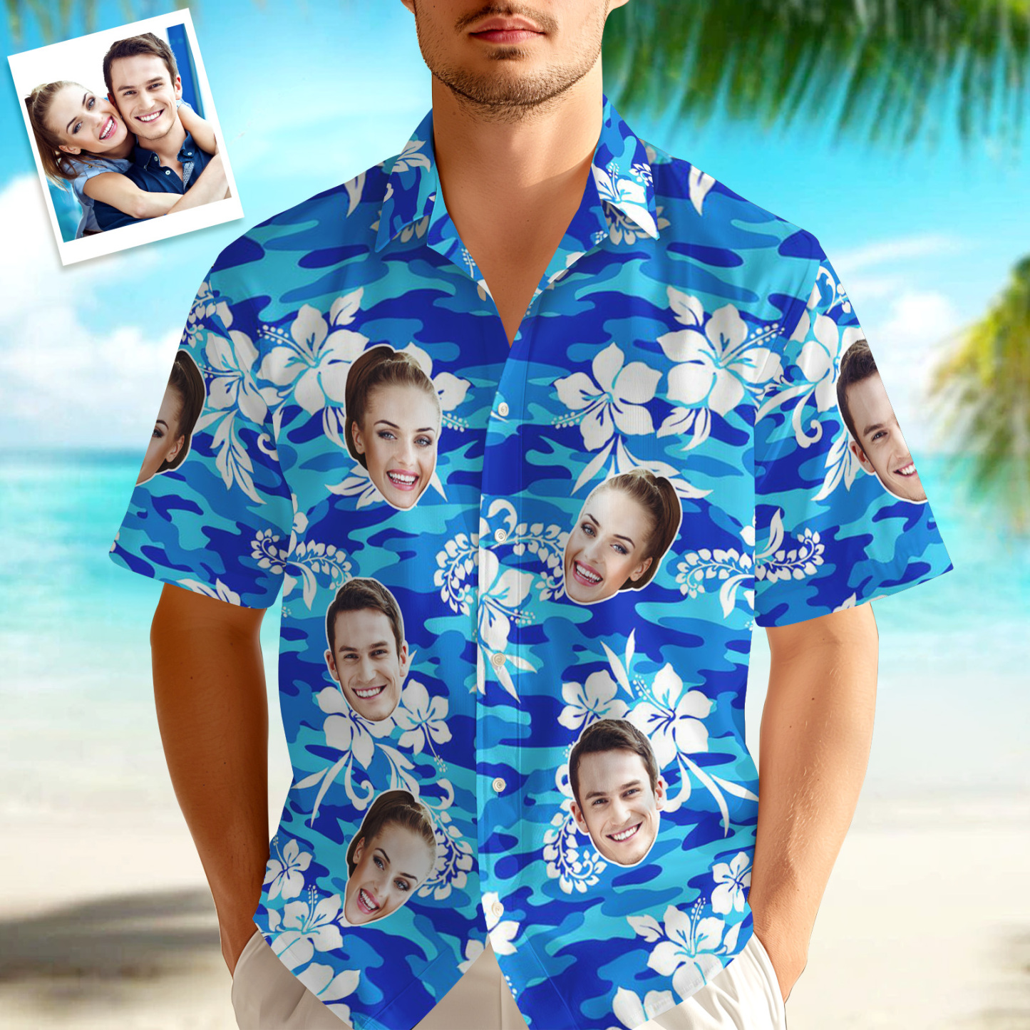 Benutzerdefiniertes Hawaii-hemd Tropisches Blumen-hawaii-hemd All Over Print-gesicht Weißes Blumen-blau-hemd - dephotoblanket