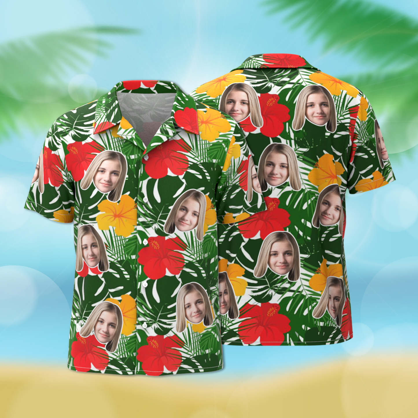 Benutzerdefiniertes Hawaii-hemd, Tropisches Blumen-hawaii-hemd, All-over-print-gesicht, Rote Blume, Grüne Blätter-hemd - dephotoblanket