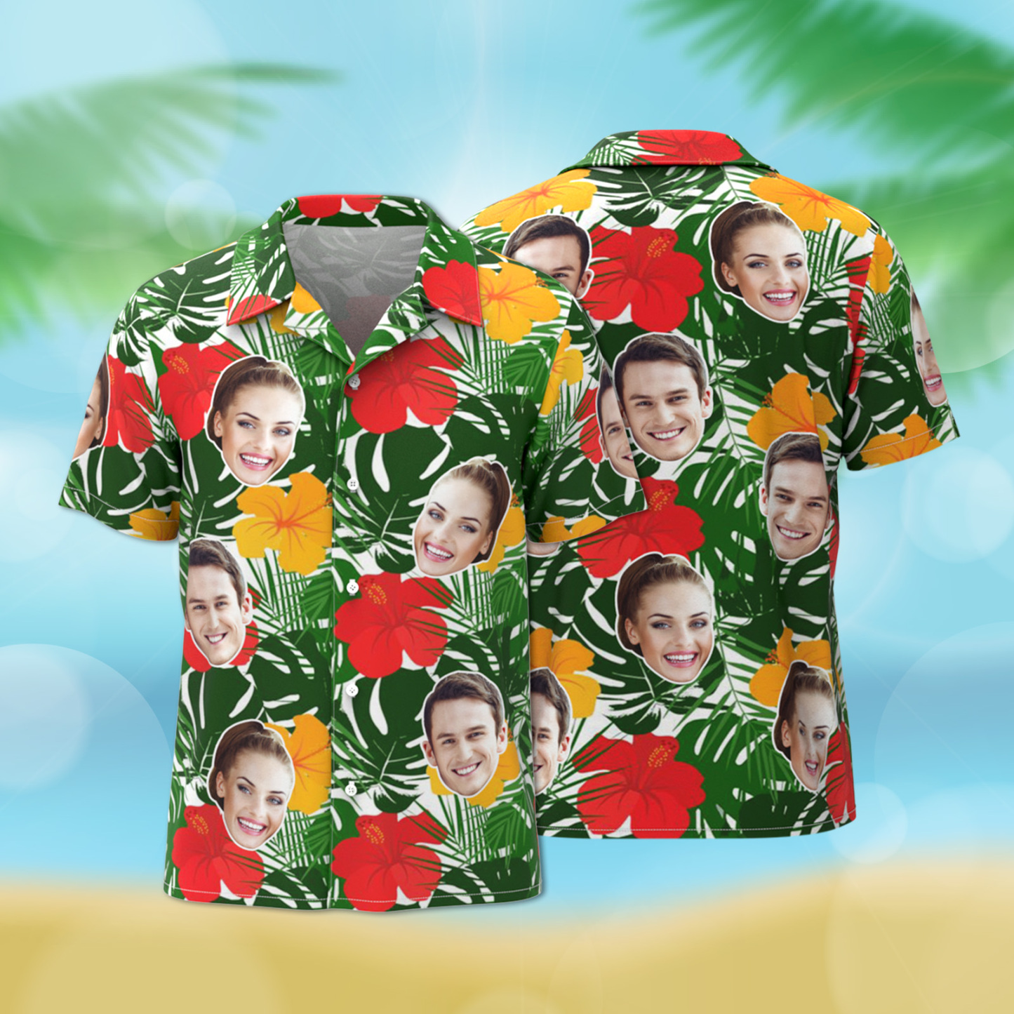 Benutzerdefiniertes Hawaii-hemd, Tropisches Blumen-hawaii-hemd, All-over-print-gesicht, Rote Blume, Grüne Blätter-hemd - dephotoblanket