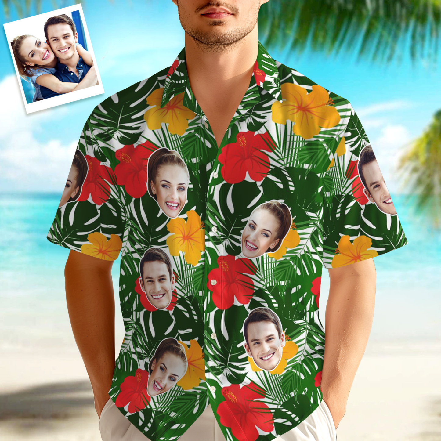 Benutzerdefiniertes Hawaii-hemd, Tropisches Blumen-hawaii-hemd, All-over-print-gesicht, Rote Blume, Grüne Blätter-hemd - dephotoblanket