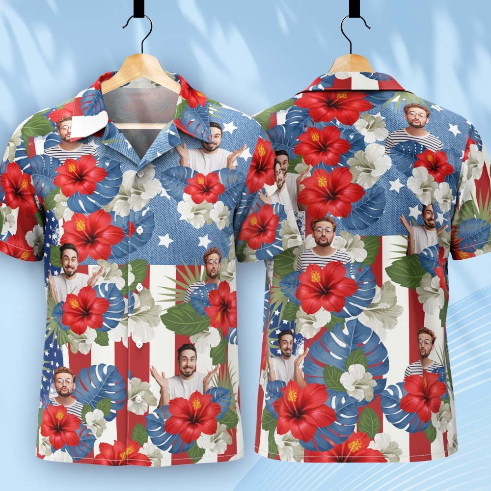 Benutzerdefiniertes Foto-amerikanische-flagge-hawaii-shirt, Tropisches Unabhängigkeitstag-geschenk-shirt - dephotoblanket