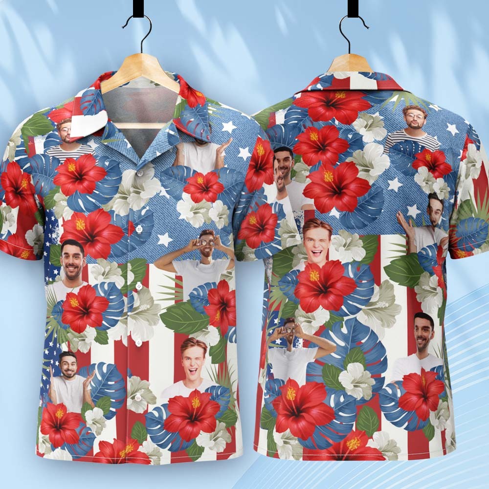 Benutzerdefiniertes Foto-amerikanische-flagge-hawaii-shirt, Tropisches Unabhängigkeitstag-geschenk-shirt - dephotoblanket