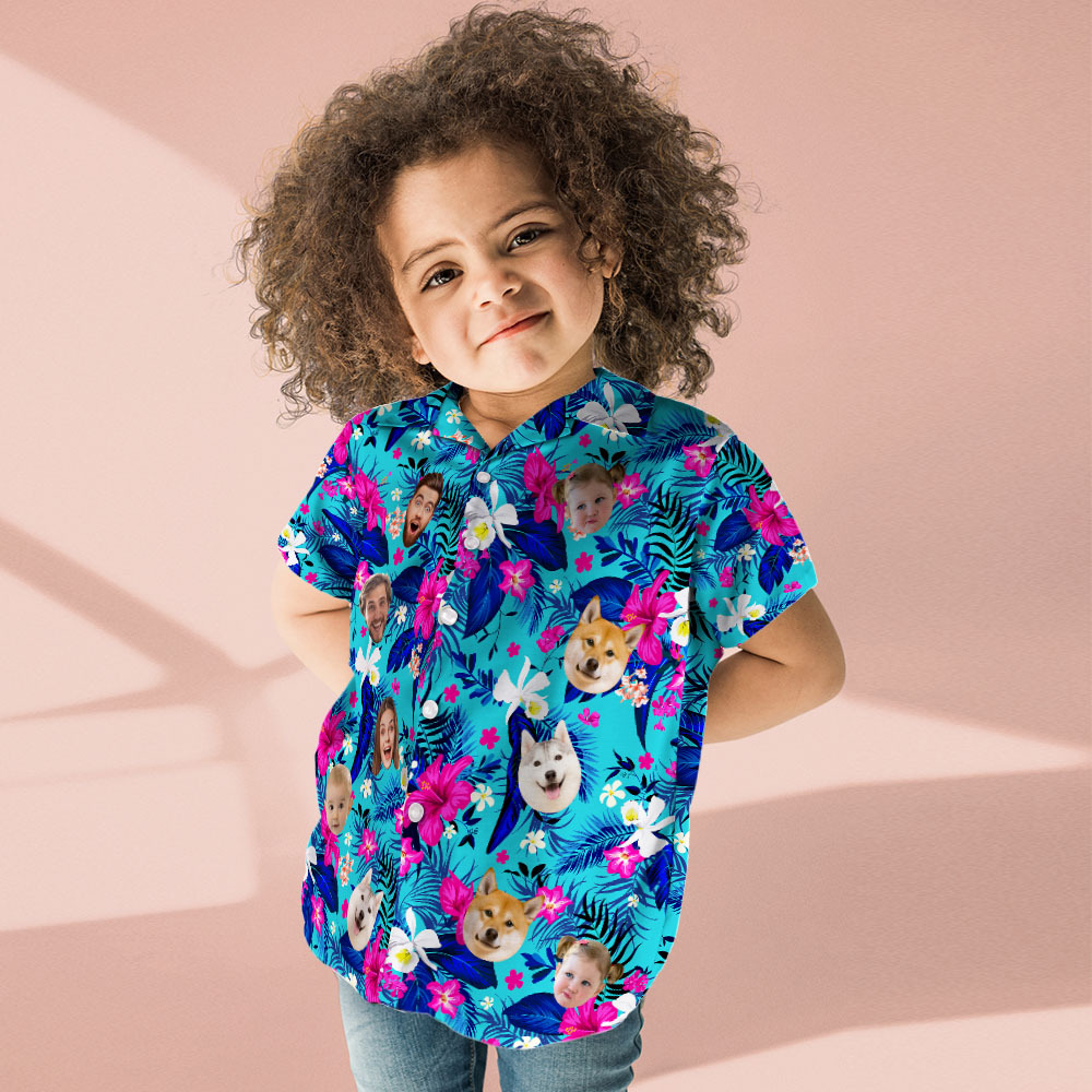 Benutzerdefiniertes Hawaii-hemd Mit Gesicht, Personalisiertes Hawaii-hemd-logo Mit All-over-print, Rosa Blumen-hawaii-hemd Für Kinder - dephotoblanket