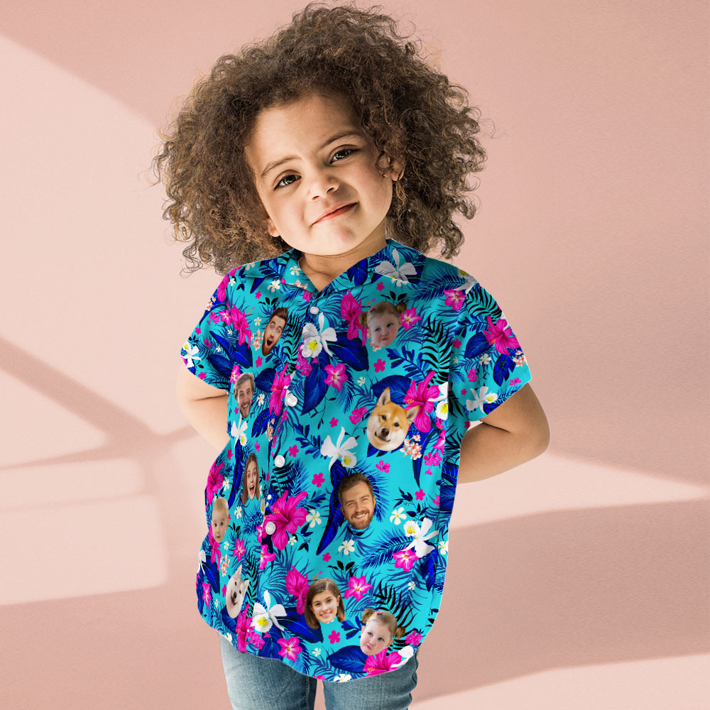 Benutzerdefiniertes Hawaii-hemd Mit Gesicht, Personalisiertes Hawaii-hemd-logo Mit All-over-print, Rosa Blumen-hawaii-hemd Für Kinder - dephotoblanket