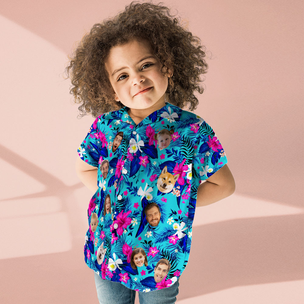 Benutzerdefiniertes Hawaii-hemd Mit Gesicht, Personalisiertes Hawaii-hemd-logo Mit All-over-print, Rosa Blumen-hawaii-hemd Für Kinder - dephotoblanket