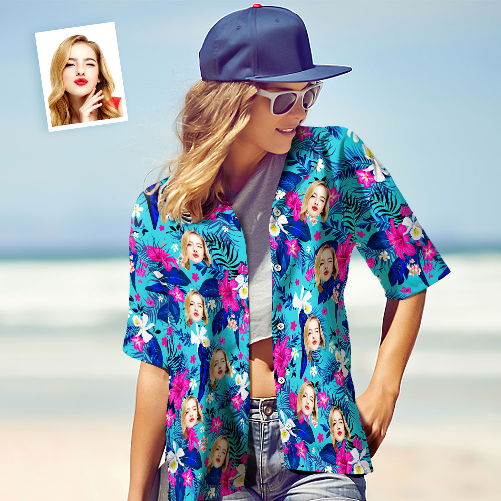 Benutzerdefiniertes Hawaii-hemd Mit Gesicht, Personalisiertes Hawaii-hemd-logo Mit All-over-print, Rosa Blumen-hawaii-hemd Für Sie - dephotoblanket