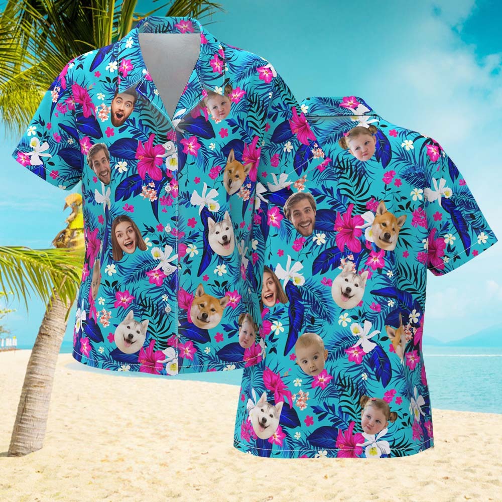 Benutzerdefiniertes Hawaii-hemd Mit Gesicht, Personalisiertes Hawaii-hemd-logo Mit All-over-print, Rosa Blumen-hawaii-hemd Für Sie - dephotoblanket