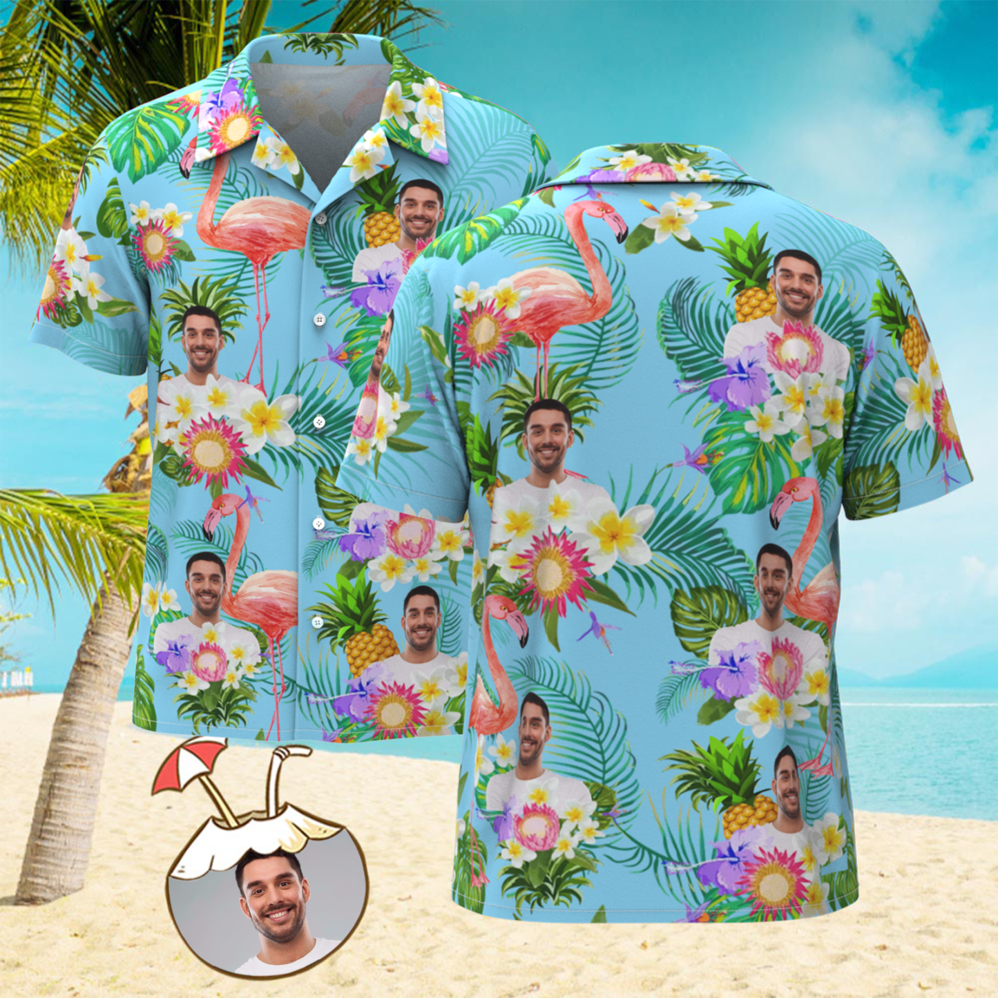 Kundenspezifisches Foto-lustiges Menschliches Aloha-hawaii-hemd-sonnenblumen-flamingo-hemd - dephotoblanket