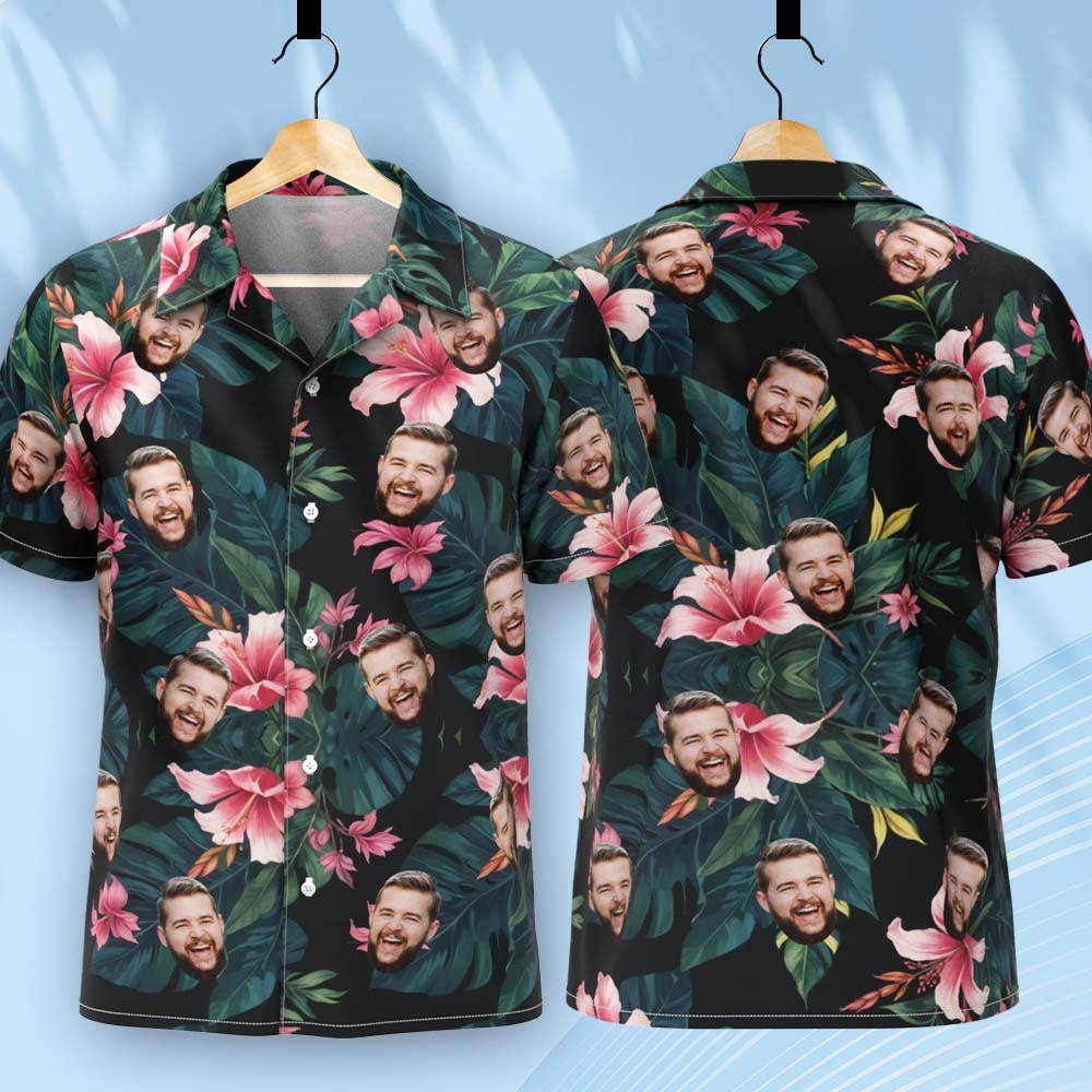 Maßgeschneidertes Hawaii-hemd Mit All-over-print, Gesicht, Rosa Blumen, Grünen Blättern - dephotoblanket
