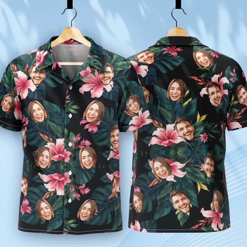 Maßgeschneidertes Hawaii-hemd Mit All-over-print, Gesicht, Rosa Blumen, Grünen Blättern - dephotoblanket