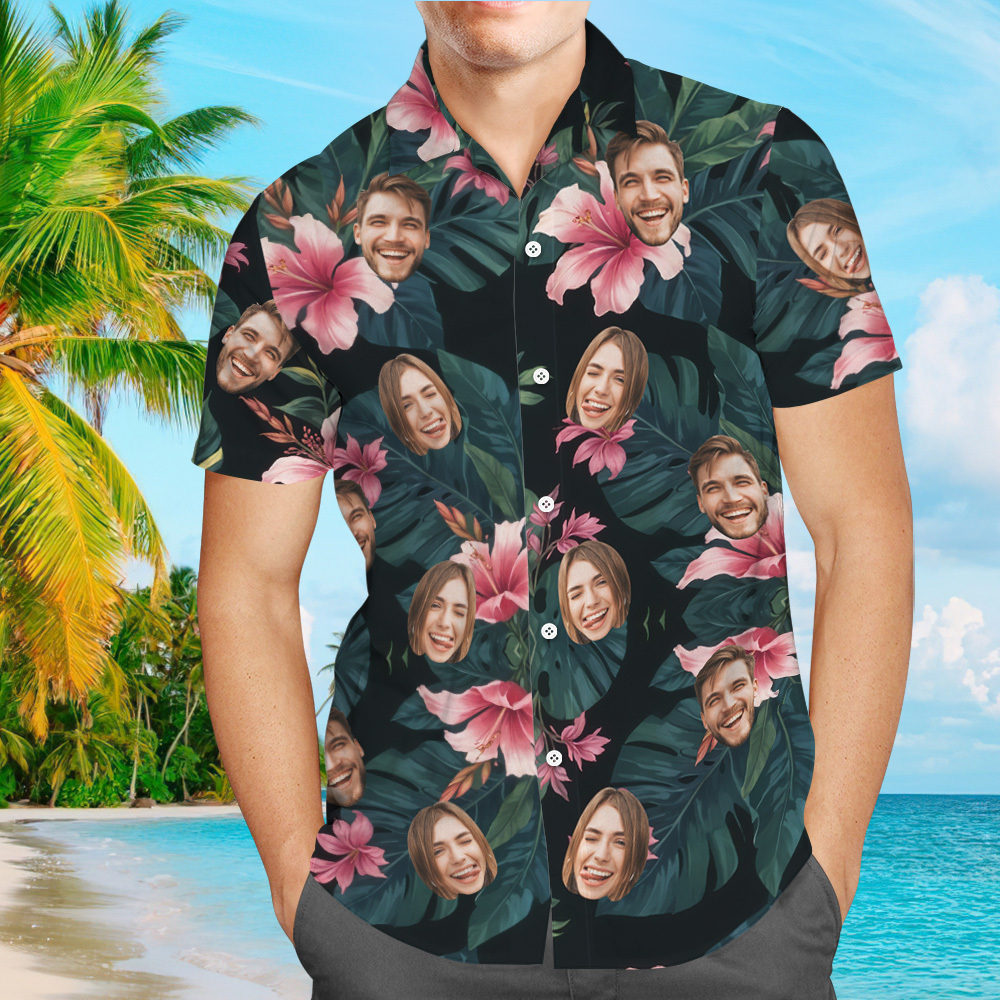 Maßgeschneidertes Hawaii-hemd Mit All-over-print, Gesicht, Rosa Blumen, Grünen Blättern - dephotoblanket