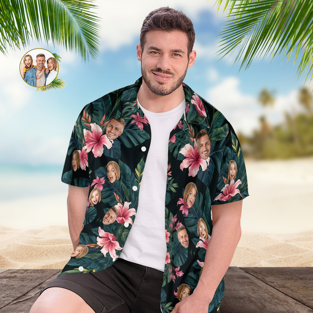 Maßgeschneidertes Hawaii-hemd Mit All-over-print, Gesicht, Rosa Blumen, Grünen Blättern - dephotoblanket