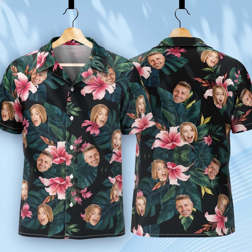 Maßgeschneidertes Hawaii-hemd Mit All-over-print, Gesicht, Rosa Blumen, Grünen Blättern - dephotoblanket
