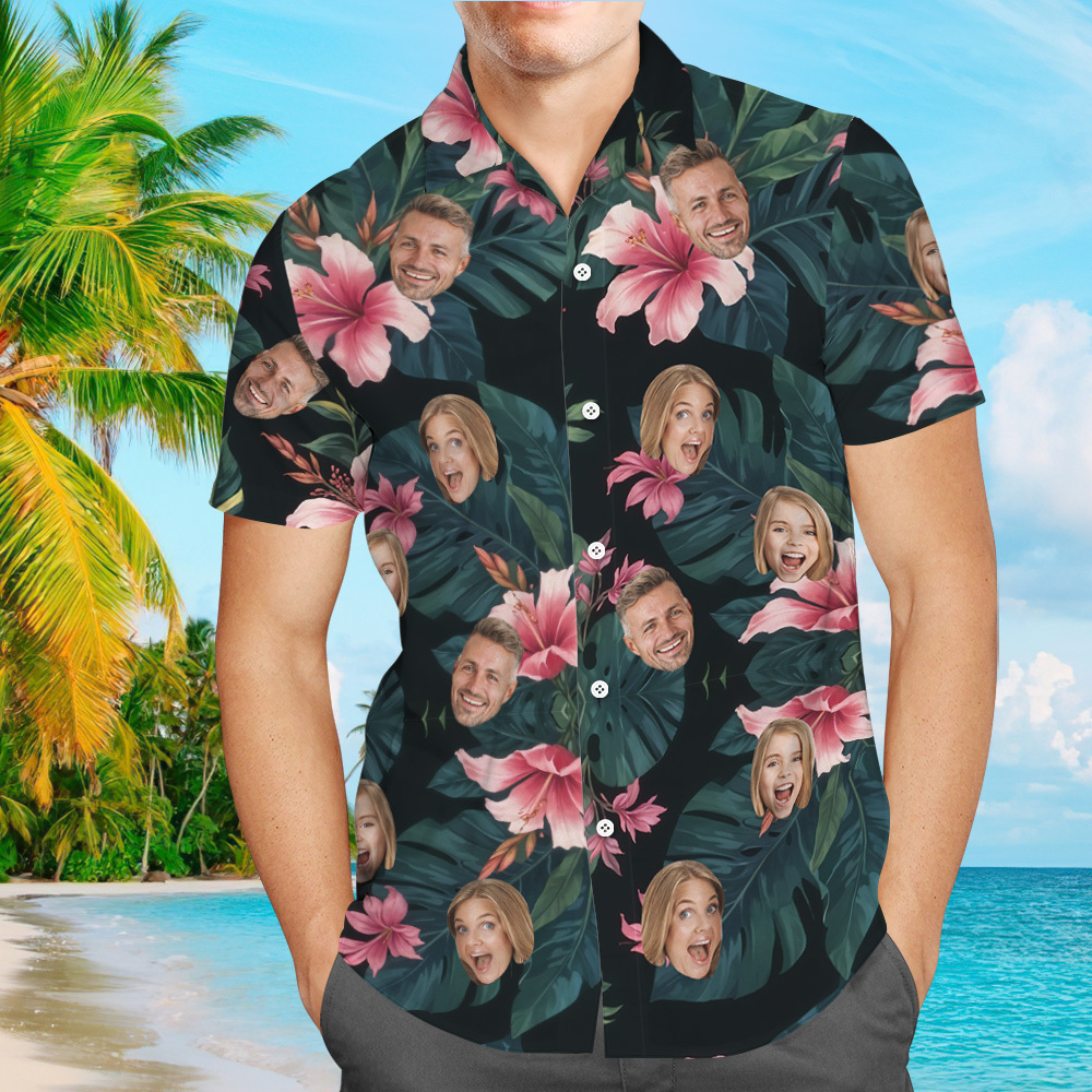 Maßgeschneidertes Hawaii-hemd Mit All-over-print, Gesicht, Rosa Blumen, Grünen Blättern - dephotoblanket