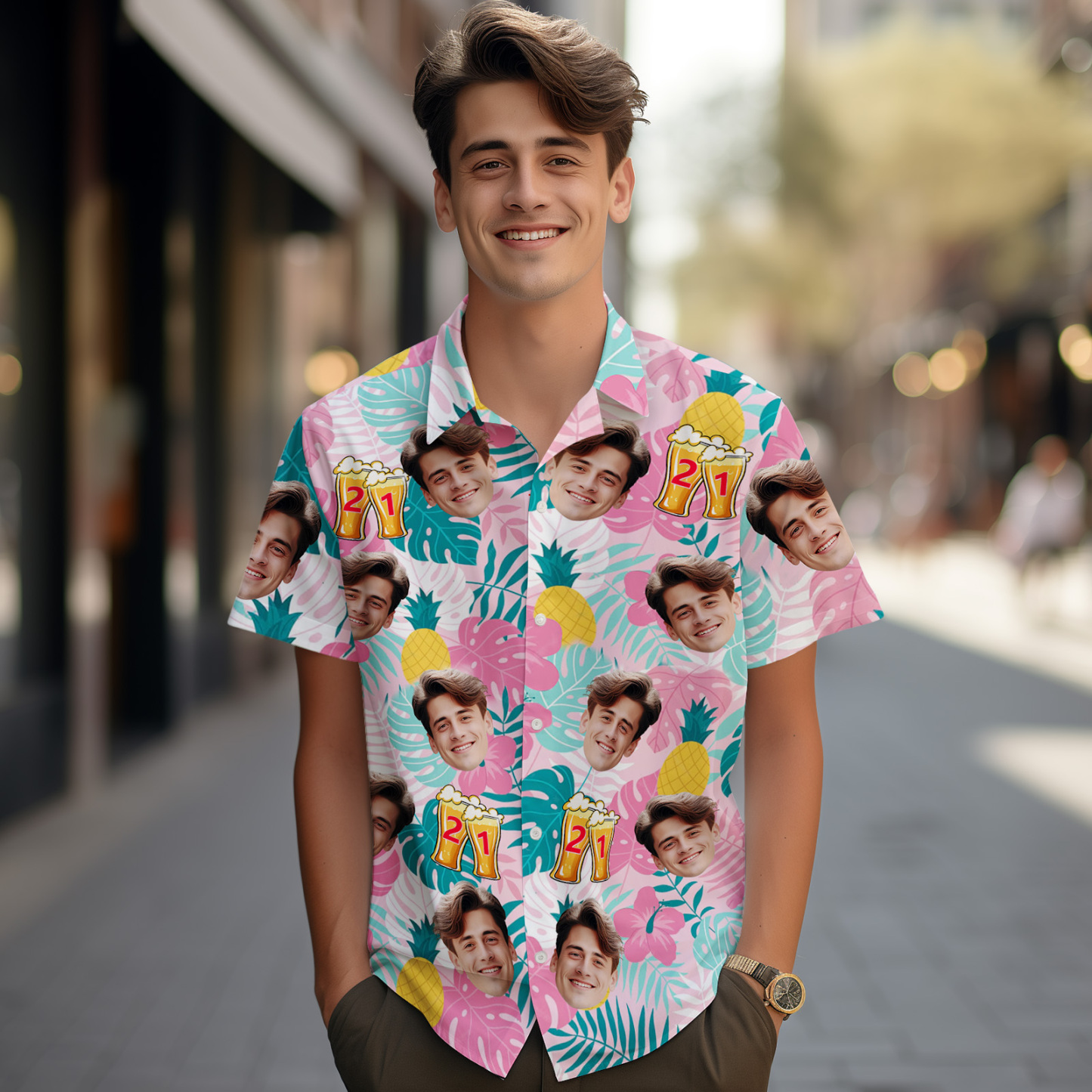 Benutzerdefiniertes Gesichtsalter-hawaii-hemd, Personalisiertes Ananas-rosa-blumen-kurzarmshirt Mit Foto, Geburtstagsshirt Für Männer, Geburtstagsgeschenke - dephotoblanket