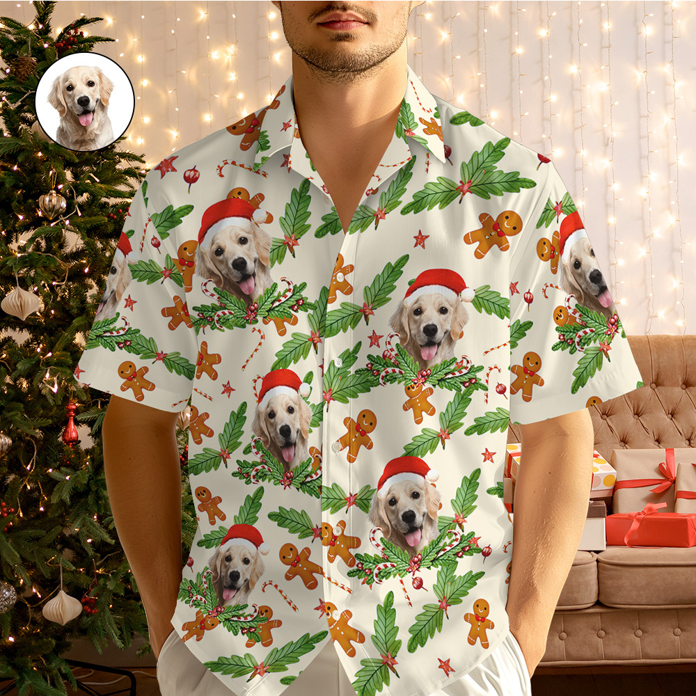 Personalisiertes Foto-lebkuchen-hawaii-hemd, Personalisiertes Zuckerstangen-hawaii-hemd, Geschenk Für Weihnachten - dephotoblanket