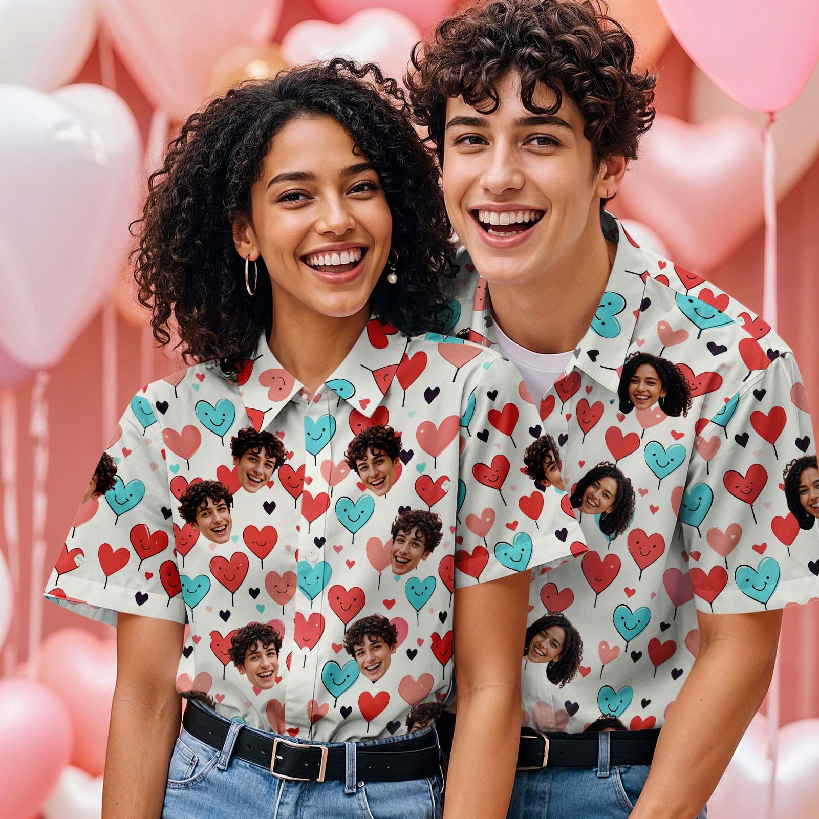 Hawaiihemd Mit Individuellem Gesicht, Künstlerisches Rosa Und Blaues Herzdesign, Personalisiertes Valentinstagsgeschenk Für Paare