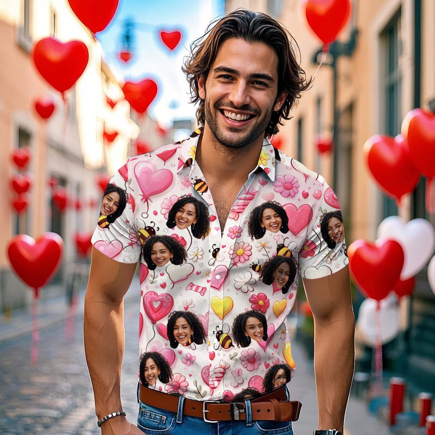 Hawaii-hemd Mit Individuellem Gesicht, Personalisiertes Valentinstags-shirt Im Biene-rosa-herz- Und Pink-candy-stil Für Paare - dephotoblanket